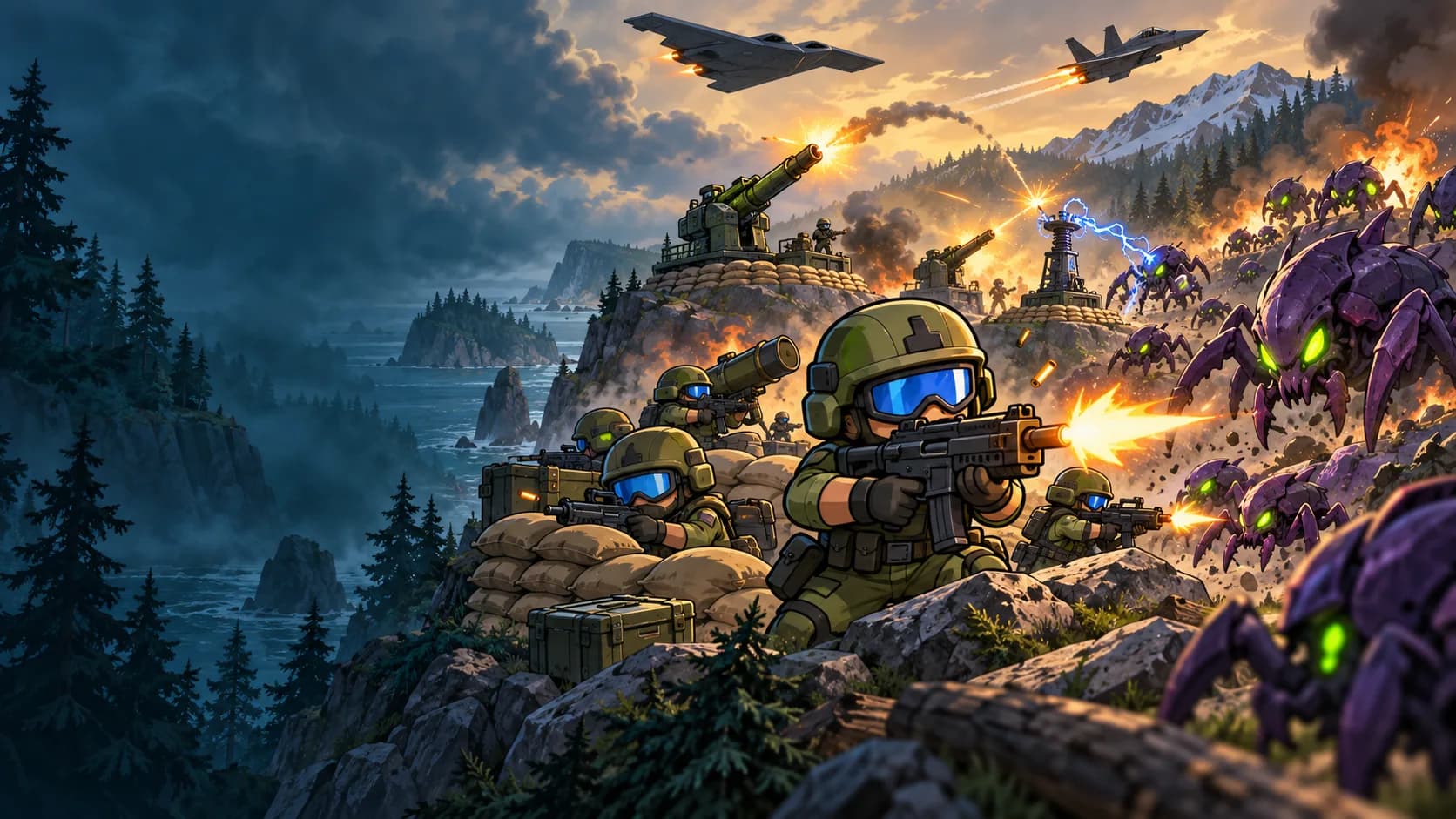 Soldiers hold a clifftop line against a swarm of alien bugs